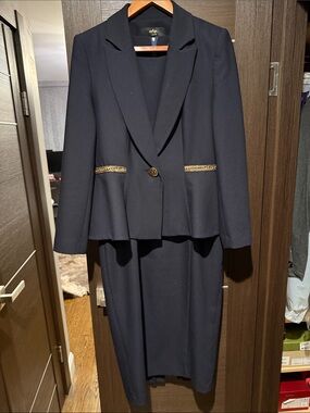 Elegant Navy Women's Blazer and Dress Set with Gold Trim